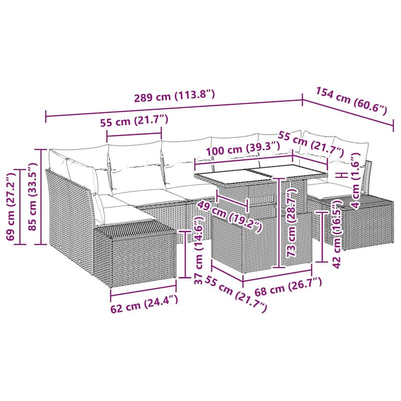 vidaXL 8 Piece Garden Sofa Set with Cushions - 113.8×60.6×27.2