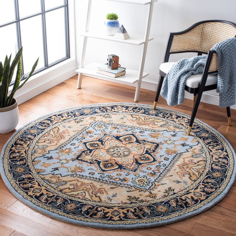 SAFAVIEH Handmade Heritage Asia Traditional Oriental Wool Rug - 6' Round - Blue/Light Brown