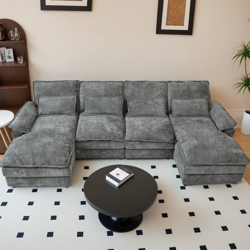 Symmetrical U-shaped Chaise Sectional Sofa, Comfy Chenille Upholstered Couch with Double Layer Seat Cushions and Waist Pillows