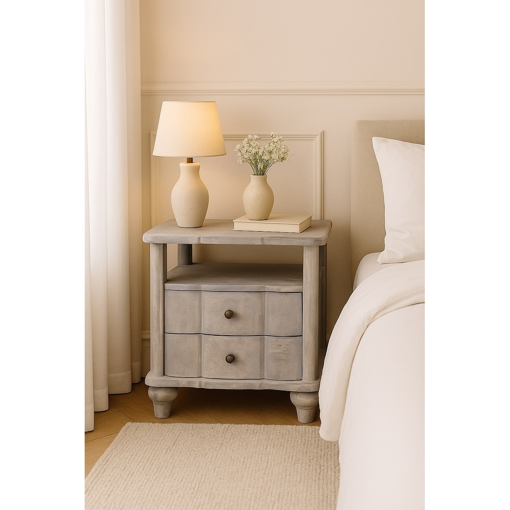 Solid Wood Lucia Bedside,Grey,2-Drawer,1-Shelf