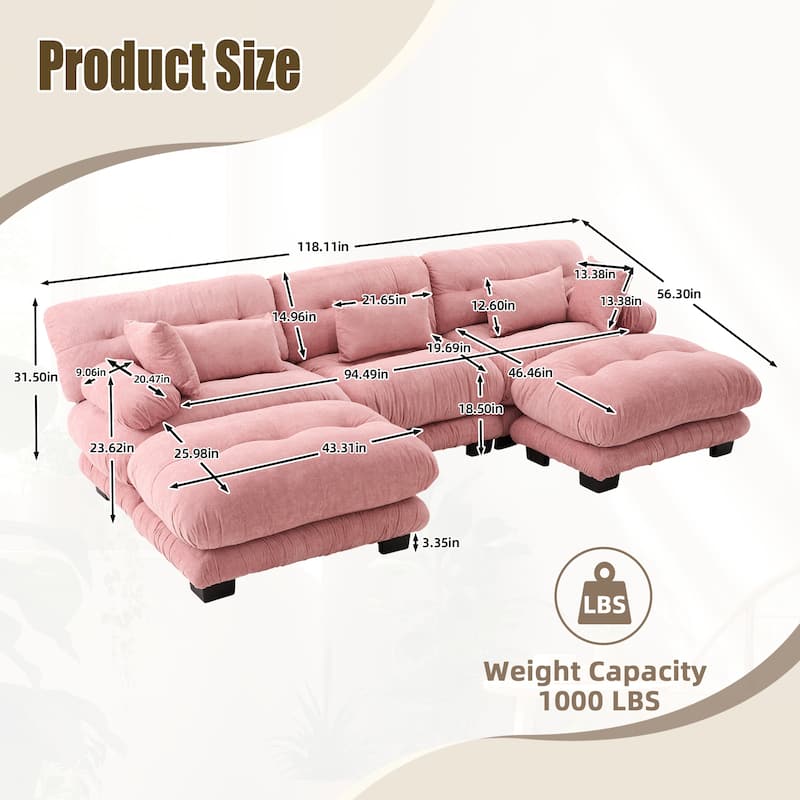 HOMEFUN Velvet Upholstered Oversized U-shaped Tufted Free Combined Sectional Sofa with Bolster Armrest Pillows
