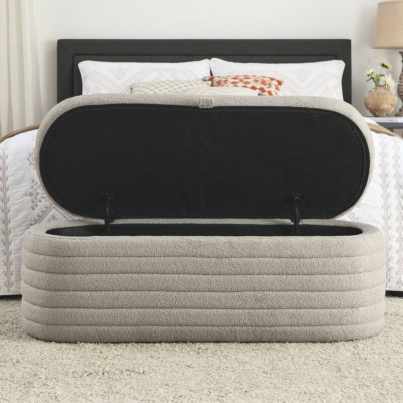 Modern Grey Teddy Fabric Storage Ottoman Bench