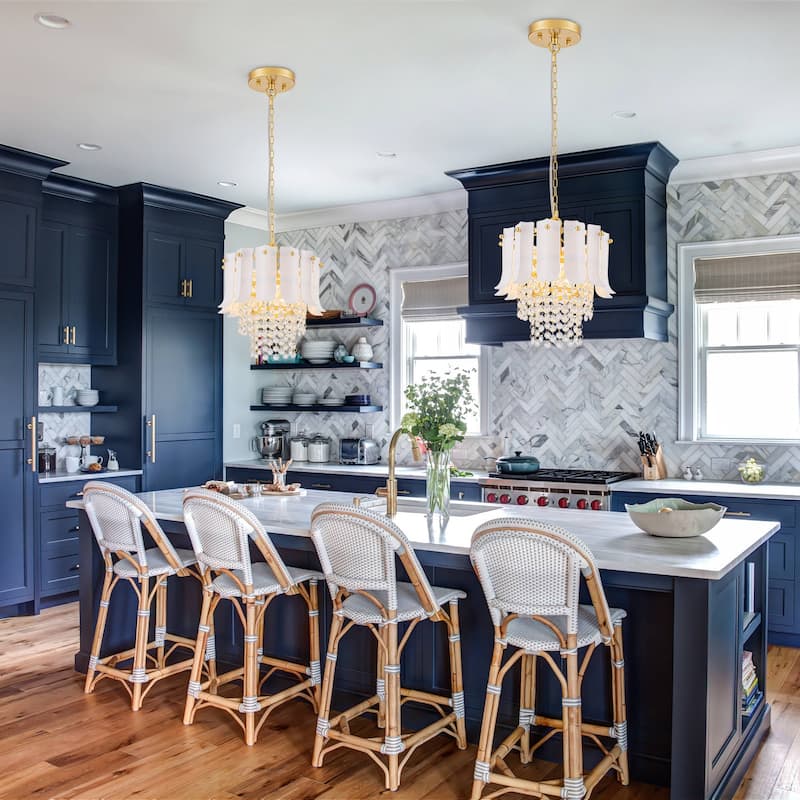 Brushed Gold Crystal Pendant Light with White Ceramic Shades Dining - Dia.9.84-in