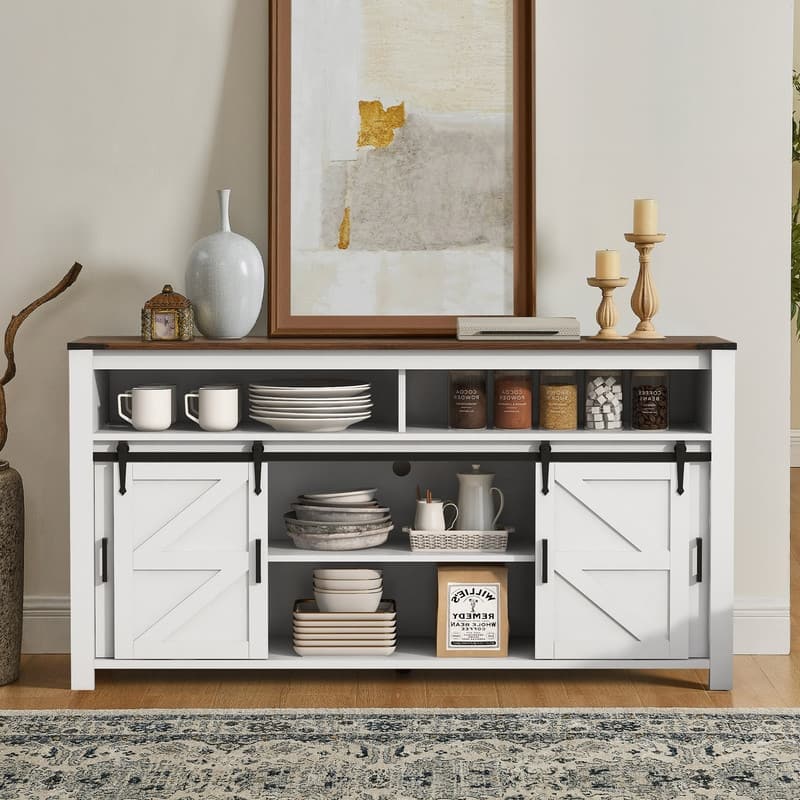 Farmhouse 59.3" Sideboard Buffet with Sliding Barn Doors and Open Storage for Living or Dining Spaces