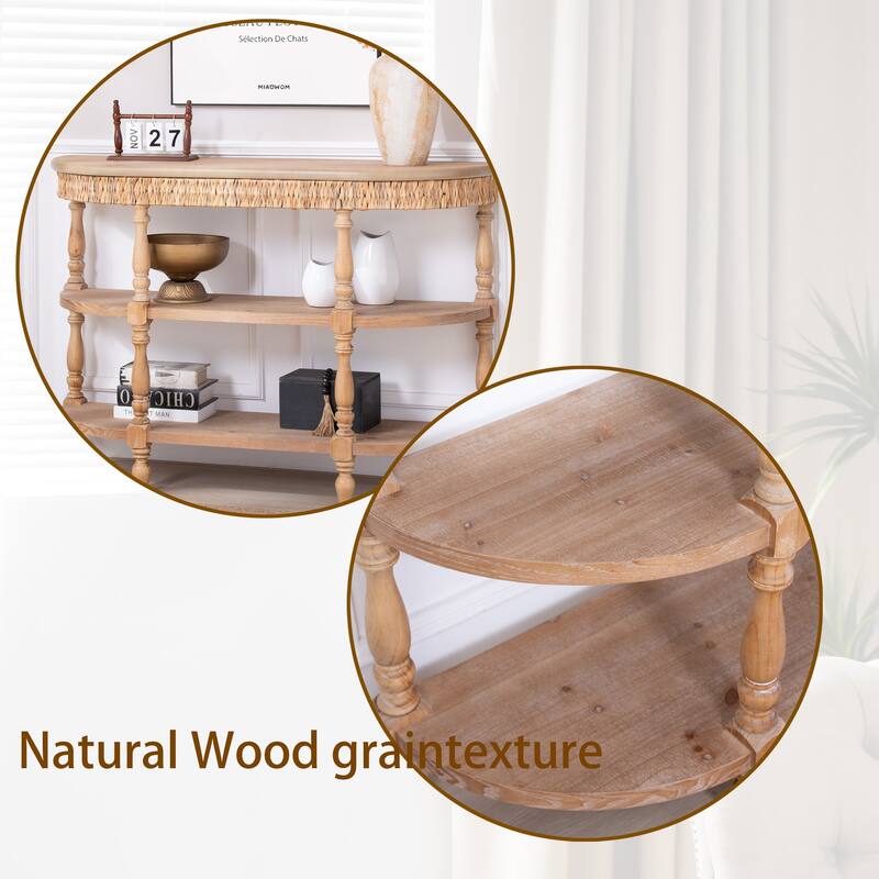 49" Wood Console Table with Hand-Woven Trim, 3-Tier Storage Shelves, with Carved Legs, Rustic Coastal Farmhouse Accent Table