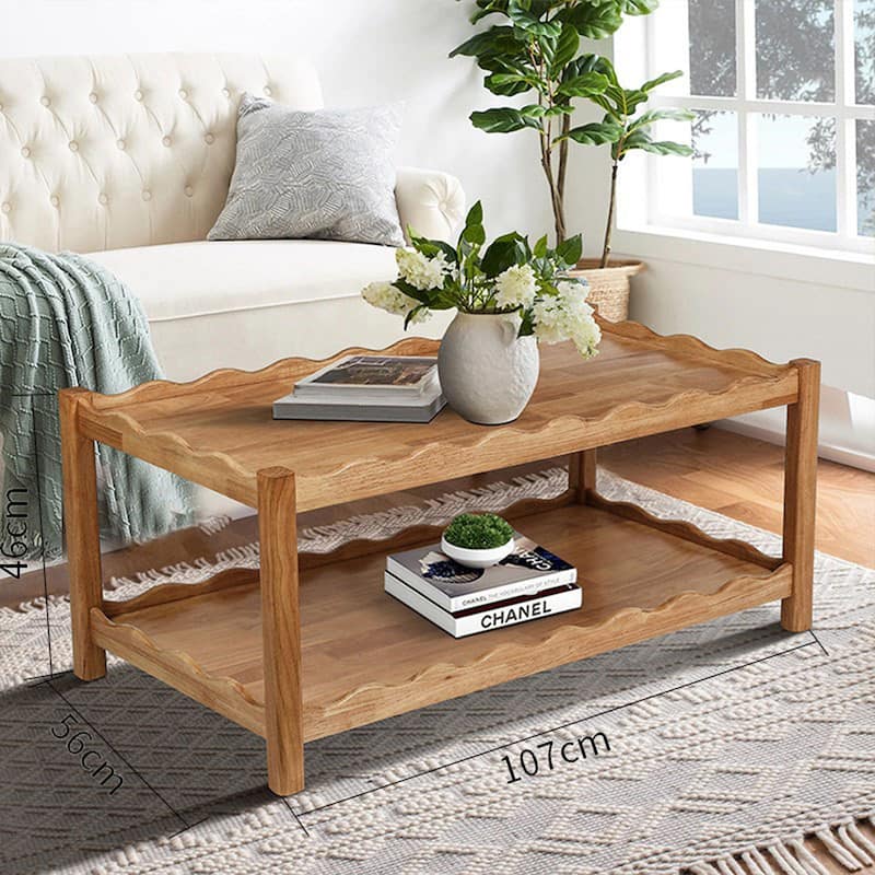GDFStudio - Modern 2-Tier Rectangular Coffee Table with Open Storage Shelf and Solid Rubberwood Legs