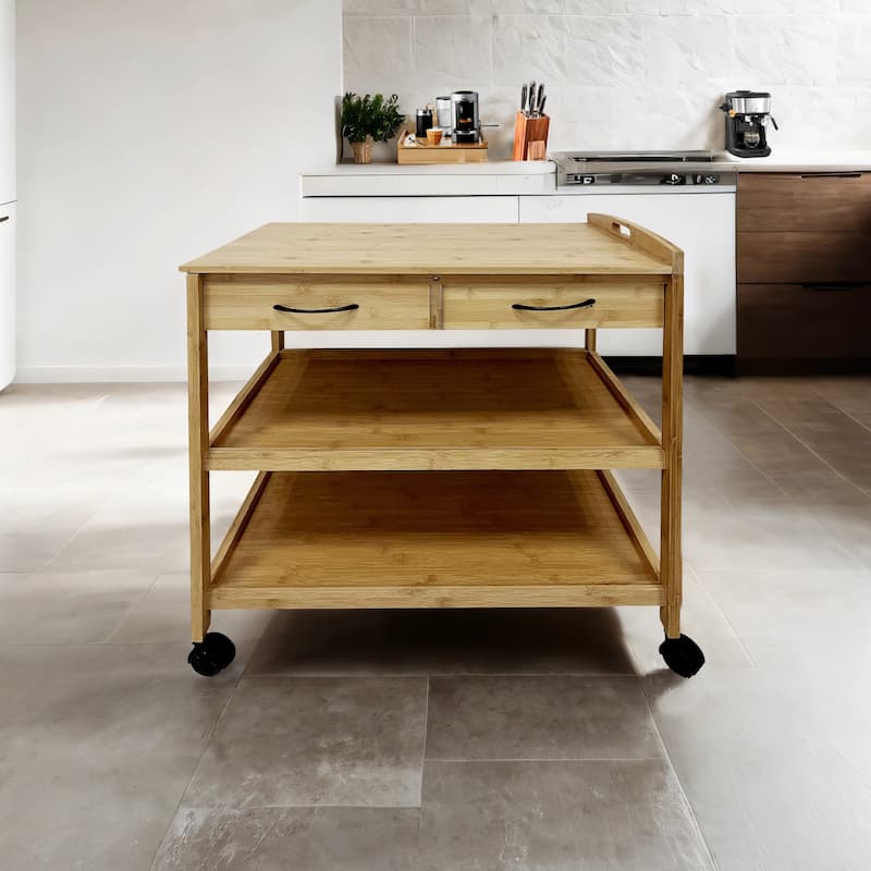 Furniture of America Lux Contemporary Natural Bamboo Kitchen Island Storage Cart with 2 Drawers and 2 Shelves - Natural
