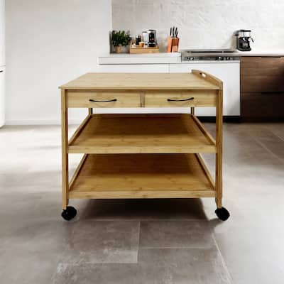 Furniture of America Lux Contemporary Natural Bamboo Kitchen Island Storage Cart with 2 Drawers and 2 Shelves