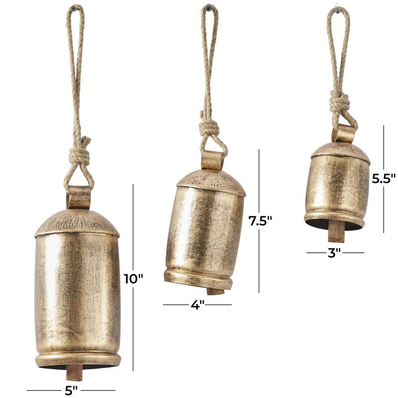 Metal Tibetan Inspired Decorative Cow Bells with Jute Hanging Rope - Set of 3 - Roche River Decor