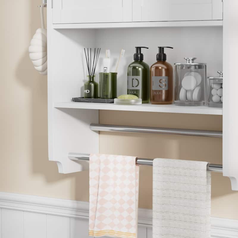 VECELO Bathroom Wall Cabinet Over Toilet Storage Cabinet Medicine Cabinet Space Saving with 2 Doors Open Shelves Towel Bars