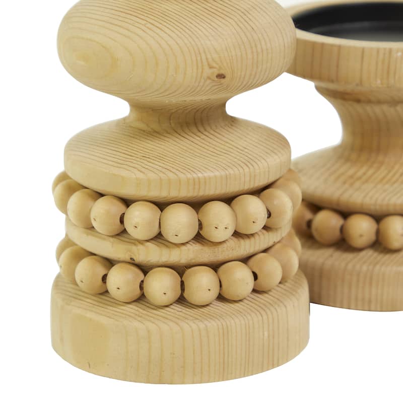 Wood Beaded Pillar Candle Holder - Set of 2 Brown or White - Roche River Decor