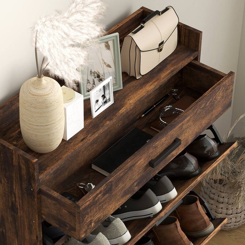 Narrow Shoe Cabinet with 2 Flip Doors and Top Drawer