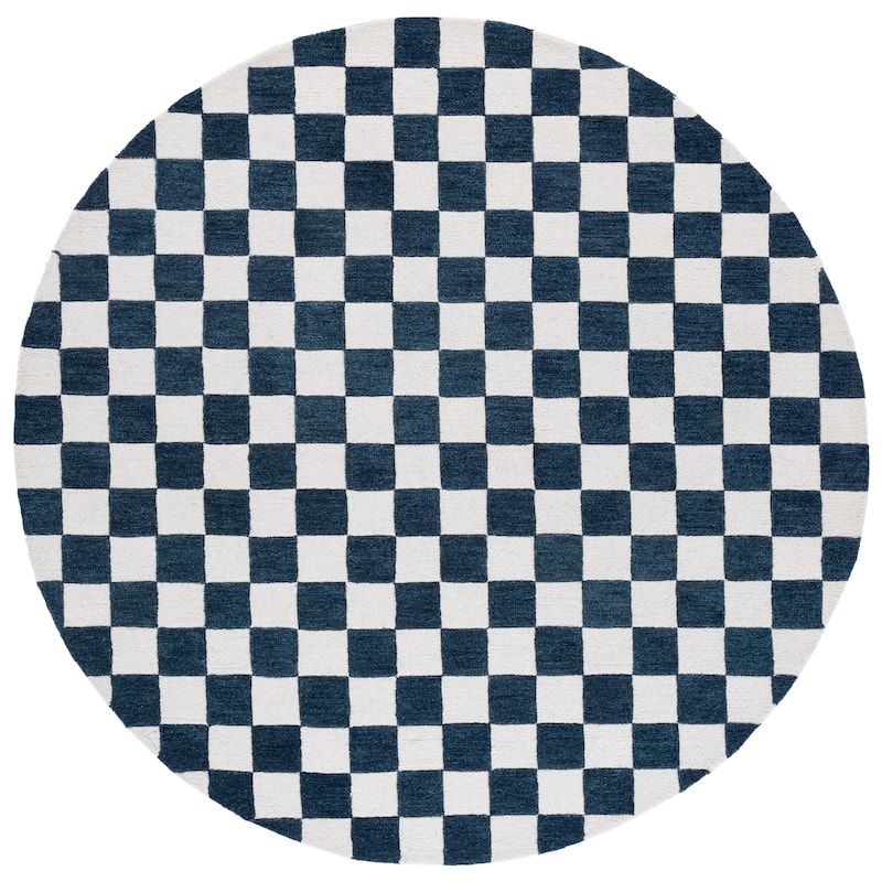 SAFAVIEH Handmade Ebony Gulnur Farmhouse Checkered Wool Rug - 6' Round - Blue/Ivory