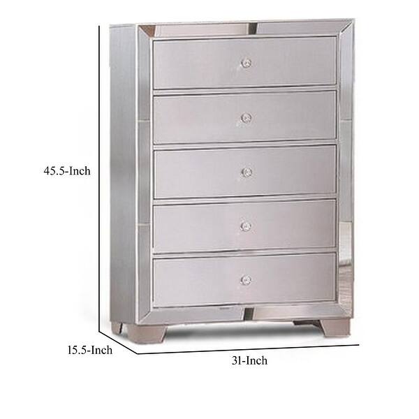 Eli 46 Inch Deluxe Wood 5 Drawer Tall Dresser Chest, Mirrored Trim, Silver  - Bed Bath & Beyond - 36907808