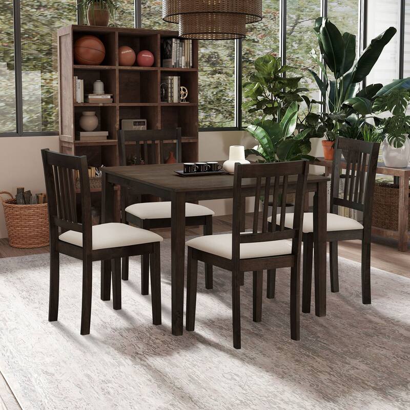 Modern Style 5-Piece Dining Set with Square Table and 4 Slat Back Upholstered Dining Chairs