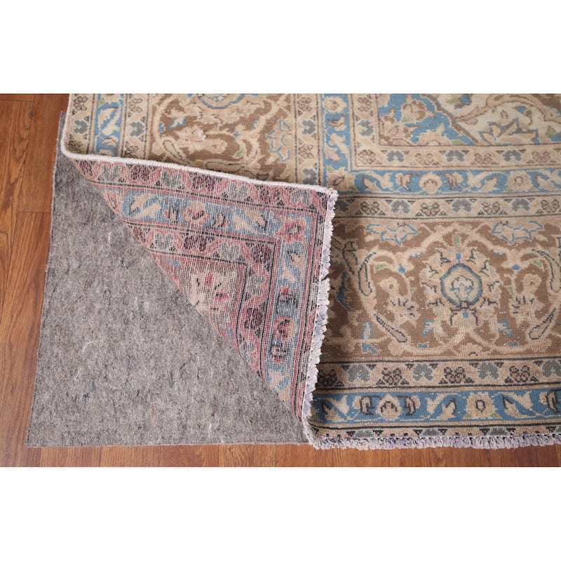 Distressed Mashad Persian Vintage Rug Hand-Knotted Pink Wool Carpet - 9'7"x 12'10"