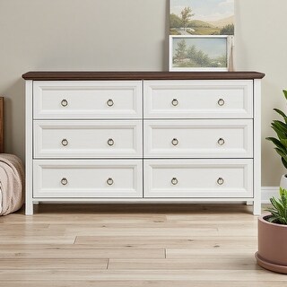 54" Wood Farmhouse Rustic 6-Drawer Wide Dresser with Metal Knobs - Bed ...