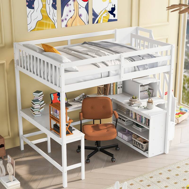 Full Size Loft Bed with L-Shaped Desk, Storage Shelves, and Staircase, White - White