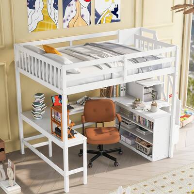 White Full Size Pine Wood Loft Bed with Built-in L-Shaped Desk and Three-Tier Storage Shelves, and Attached Storage Staircase
