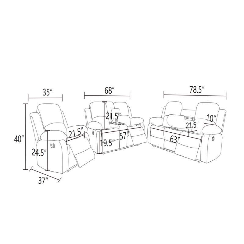 Grey Flannel 3-Piece Couch Living Room Sofa Set