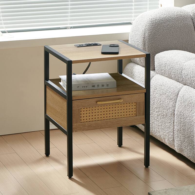 Rattan End Table with Drawer and Metal Legs - Natural
