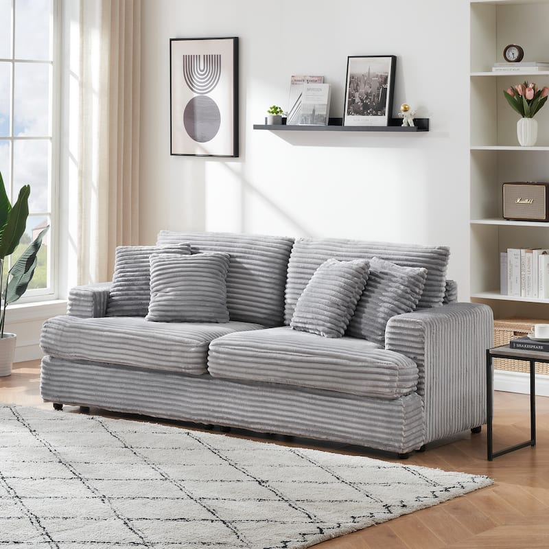 79.3"Corduroy Sofa with 4 Matching Toss Pillows Sleek Design Spacious and Comfortable 3 Seater Couch for Modern Living Room,Gray