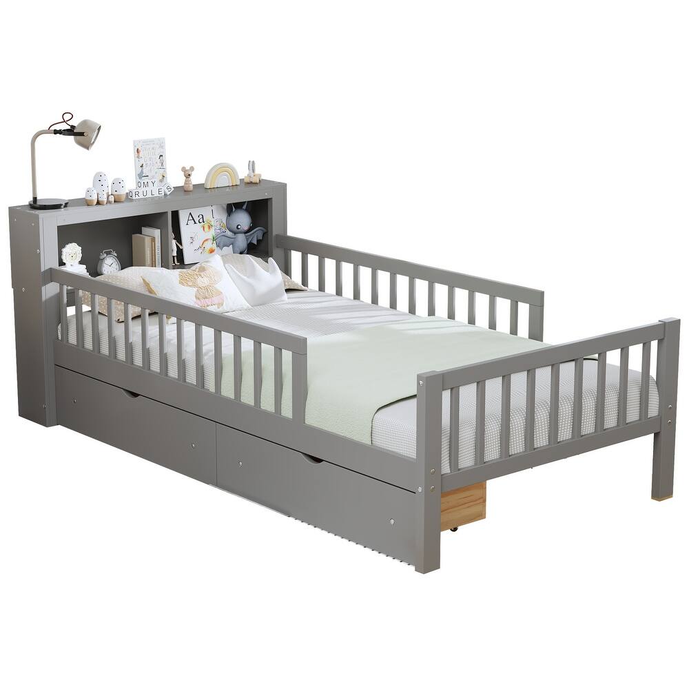 Safe Kids Bed Platform Bed Twin Size Wood Bed Frame with Storage Headboard and 2 Drawers Under, 3-Side Guardrails for Boys Girls