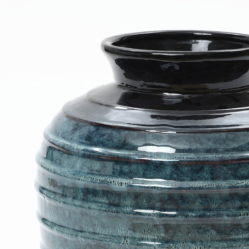 Rippled Blue with Brown Round Ceramic Vase, Home Decor Tabletop & Floor Accent