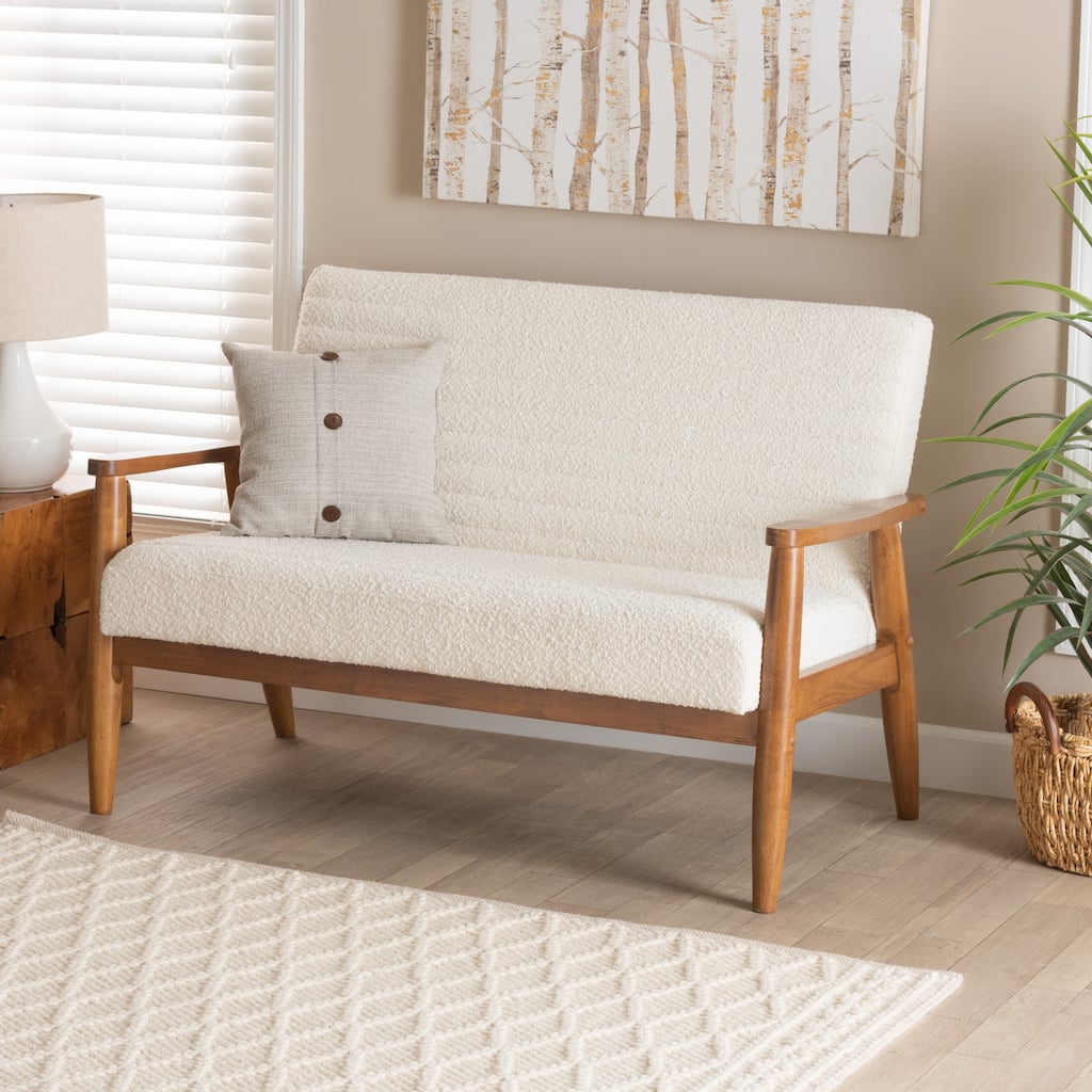 Stratton Mid-Century Modern Cream Boucle Fabric and Walnut Brown Finished Wood Loveseat