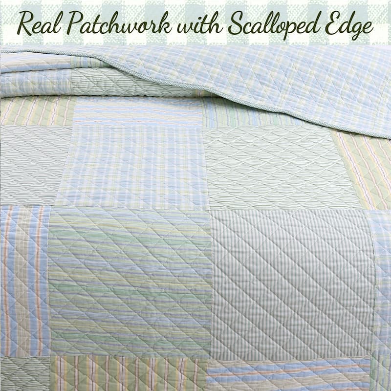 Cozy Line Square Patchwork Plaid Stripes Blue Green Cotton 3-Piece Reversible Quilt Bedding Set