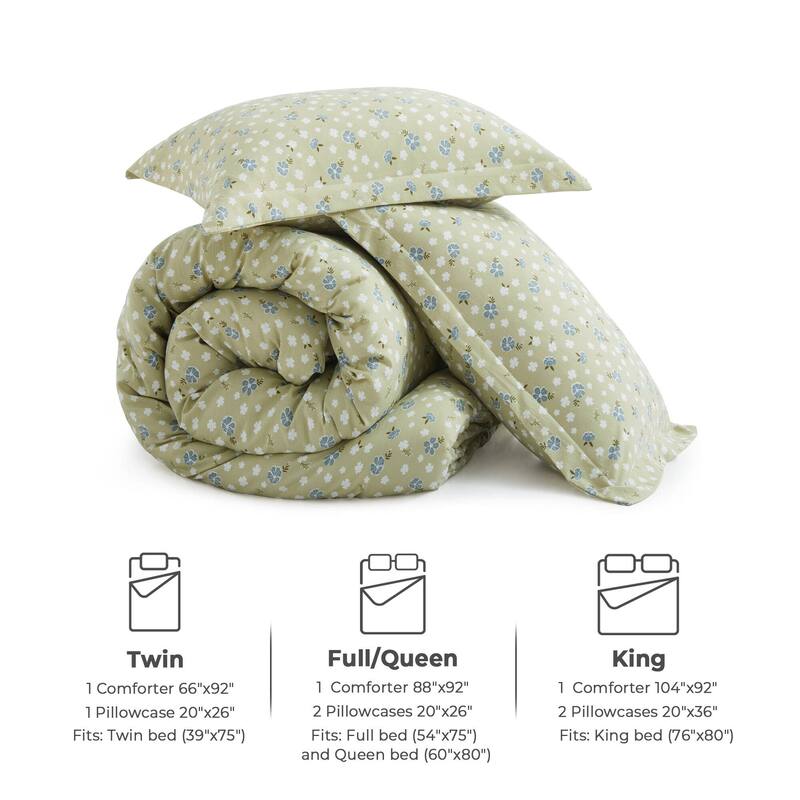 Floral Printed Comforter Set with Pillowcases, Bedding Set for All Season