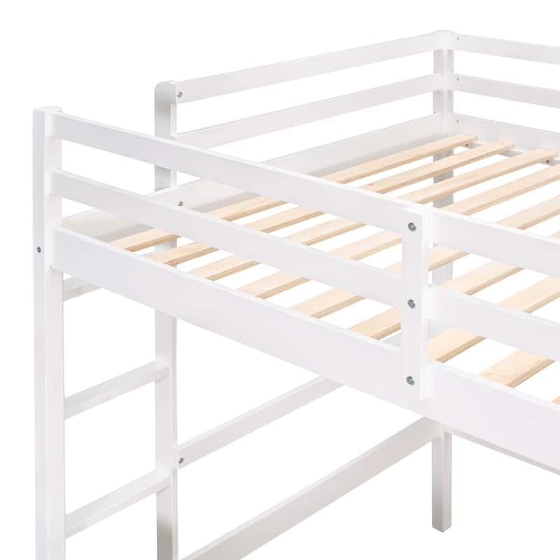 White Pine Wood Loft Bed with Desk and Cabinet, Writing Board, Full-Length Guardrail