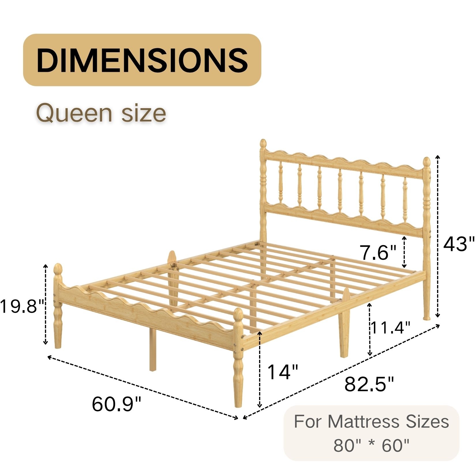 Bamboo Wood Platform Bed Frame with 43