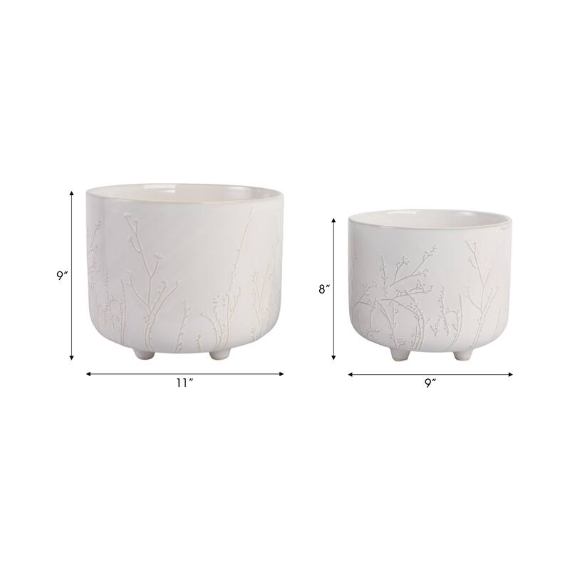 Stoneware Ceramic Planter Raised Botanical Relief Design Tripod Base - 11" x 11" x 9"