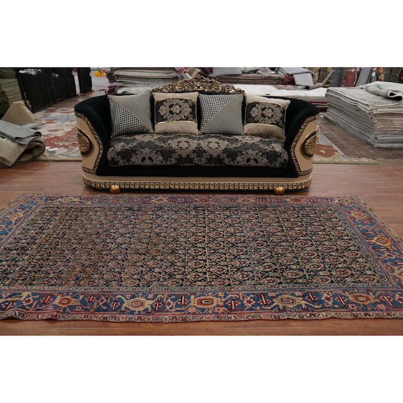 Hand Knotted Oriental 100% Wool Carpet Traditional Geometric Navy Blue & Blues Bidjar Area Rug - 11' 2'' X 5' 7''