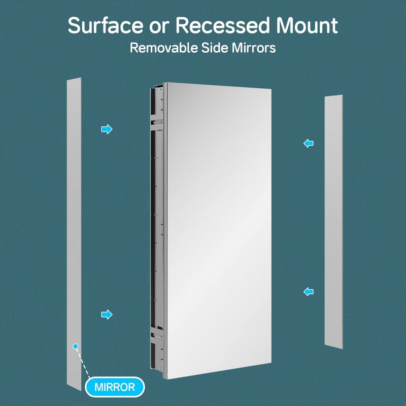 16x36" Tri-View Mirrored Medicine Cabinet with Soft-Close Blum Hinges, Reversible Door, Recessed/Surface Mount, Aluminum Body