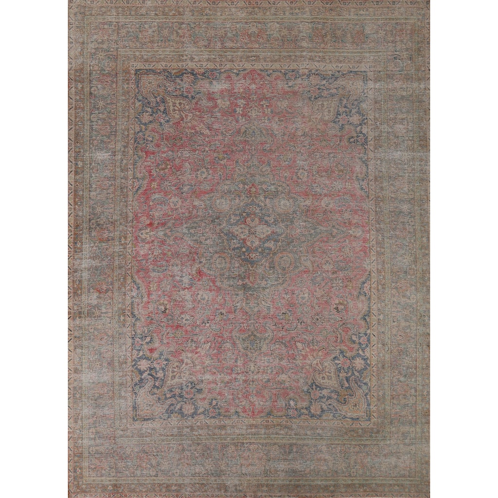 Pink Floral Mashad Persian Vintage Area Rug Handmade Wool Carpet - 9'8"x 11'11"