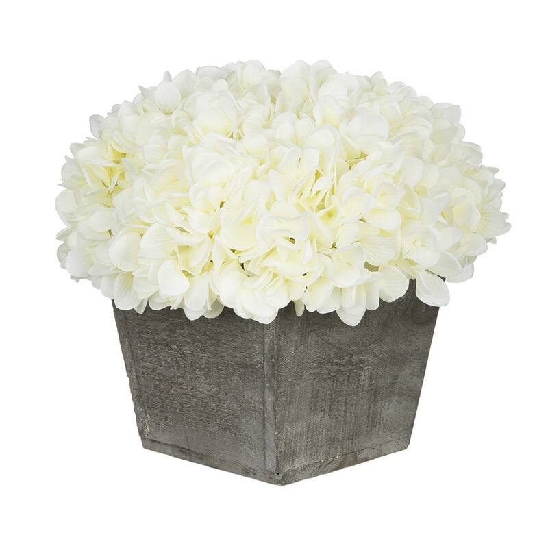 Faux Hydrangea in Grey Washed Wood Cube Planter - White
