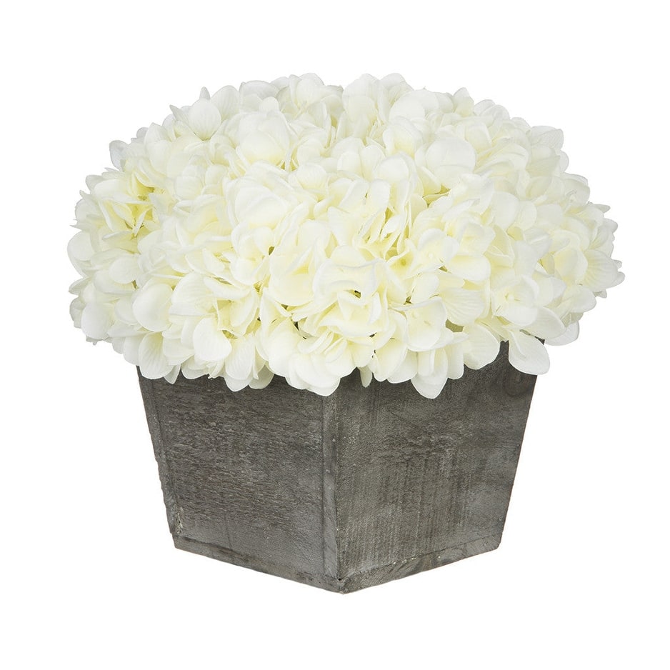 Faux Hydrangea in Grey Washed Wood Cube Planter