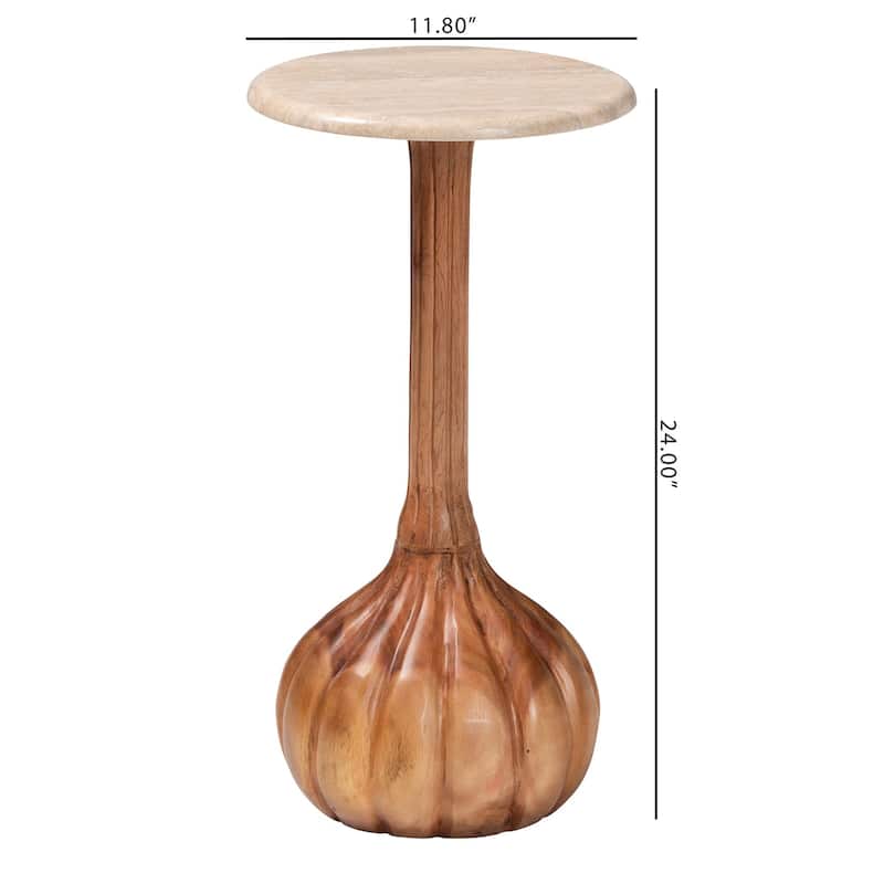 Usama End Table with Marble Stone Top - Sculpted Pedestal Accent Side Table for Living Room or Entryway