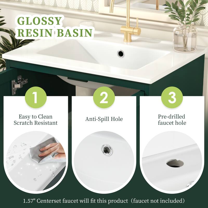 24'' Bathroom Vanity with Top Sink, Modern Bathroom Storage Cabinet with 2 Doors, Single Sink Bathroom Vanity,Green