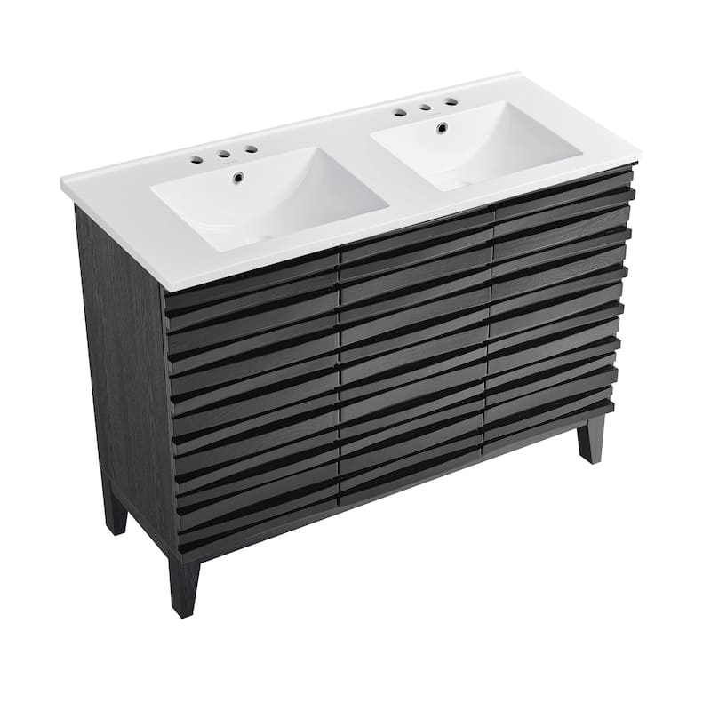 Cascade 48 In. Black Oak, Double Basin Bathroom Vanity With White, 3-Hole Ceramic Sink Top