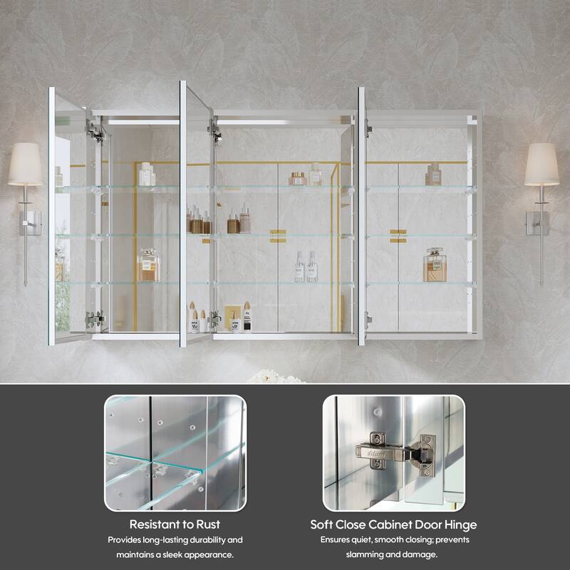 52''/56''W X 30''H Recessed Or Surface Wall Mount Bathroom Medicine Cabinet With Adjustable Glass Shelves