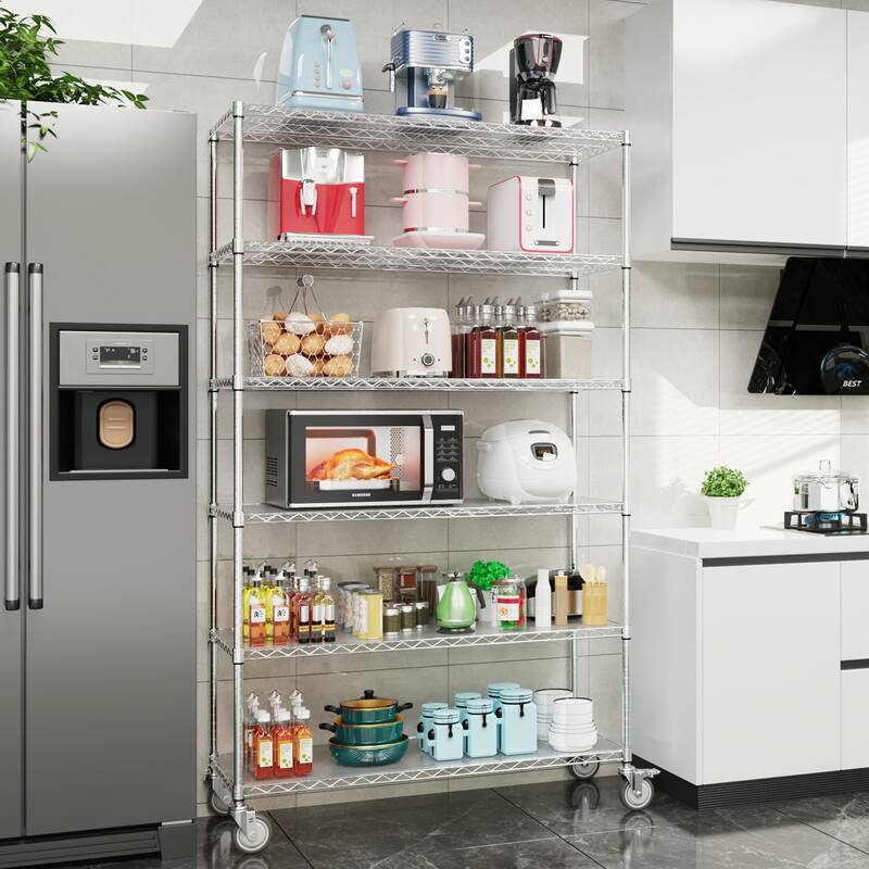 6 Tier Metal shelves, NSF Height Adjustable Garage Storage Shelves with Wheels