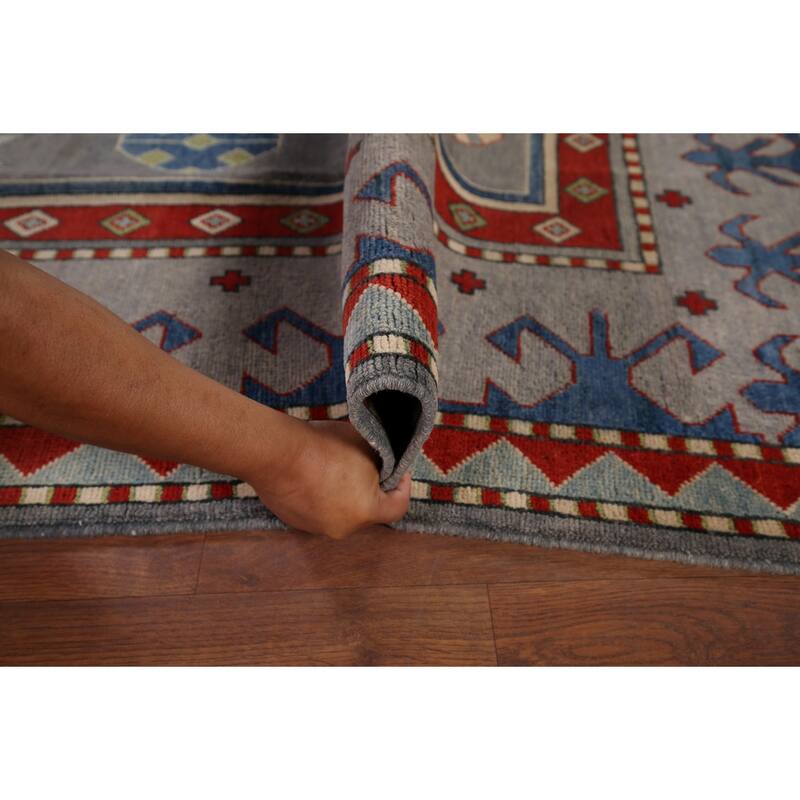 Gray Geometric Kazak Oriental Area Rug Hand-Knotted Wool Carpet - 6'7" x 10'2"