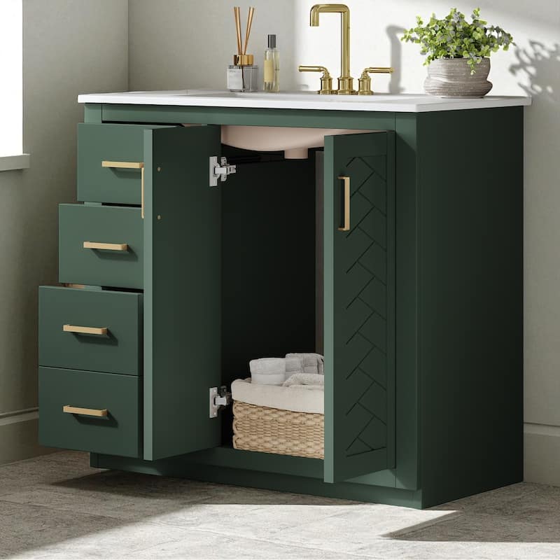 36" Bathroom Vanity with Ceramic Sink, Solid Wood & MDF Cabinet, 3 Drawers and 2 Soft-Close Doors, Freestanding Storage
