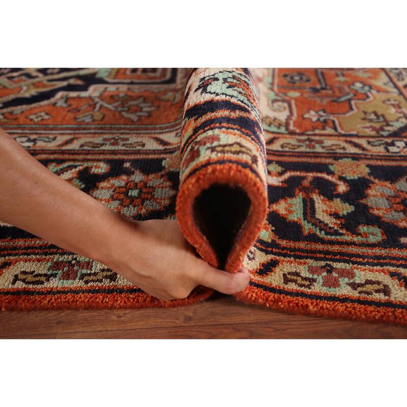 Orange Geometric Heriz Serapi Indian Area Rug Hand-Knotted Wool Carpet - 8'0"x 10'1"