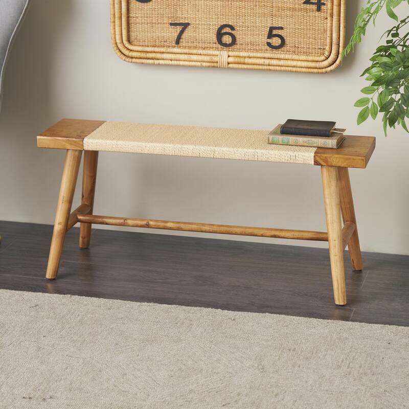 Brown Wood Handmade Traditional Home Bench with Rope Wrapped Seat - Brown