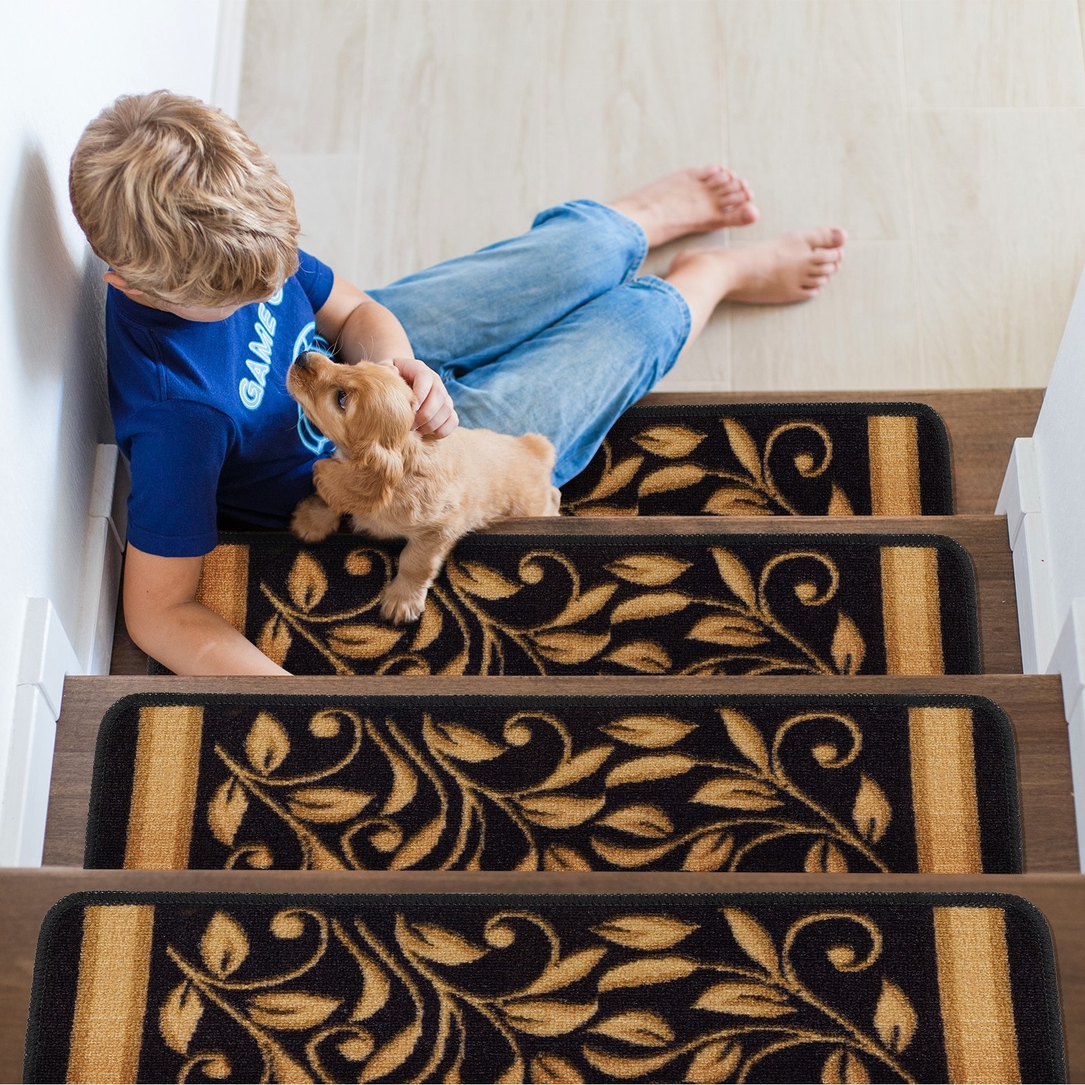 Beverly Rug Non Slip Treads Stylish Stain Resistant Floral Pattern Black Blue Brown Stair Treads 28" x 8.7"