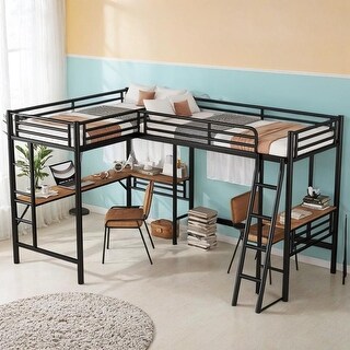 L-Shaped Twin Size Metal Loft Bed with Two Built-in Desks, 2 Beds in 1, Sturdy Construction & Safety Guaranteed
